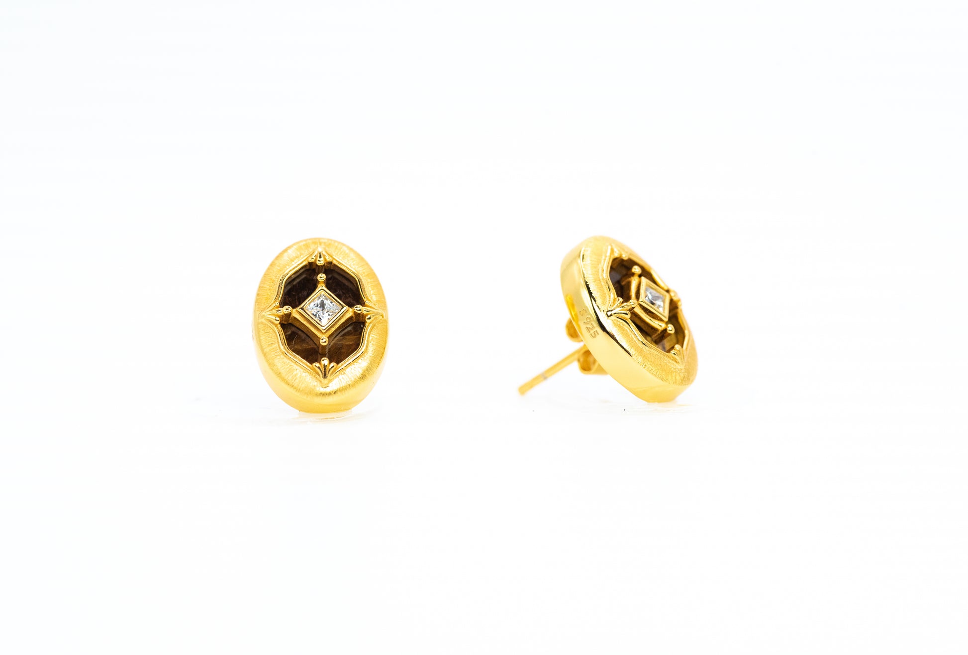 Tiger's Eye Gilded Guardian Stud Earrings | 18K Gold Plated Sterling Silver - Lunelle Atelier