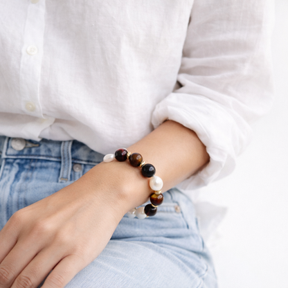 Tiger’s Eye Freshwater Pearl Stretch Bracelet - Lunelle Atelier