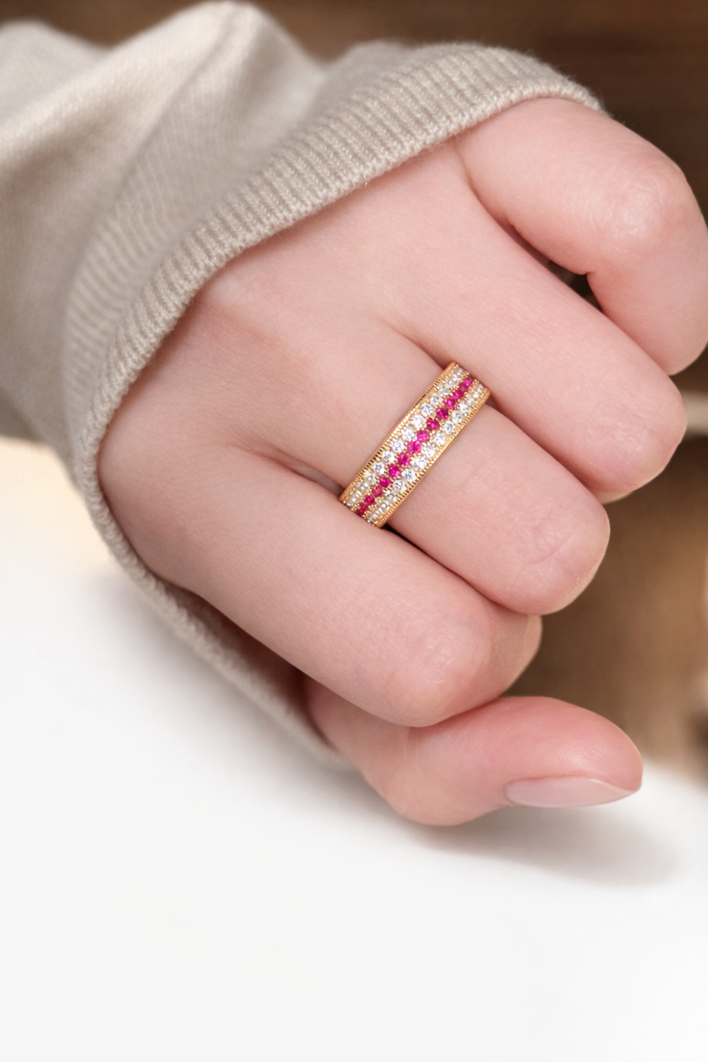 Lab-Grown Ruby Ribbon Band | 18K Gold Plated S925 Silver - Lunelle Atelier