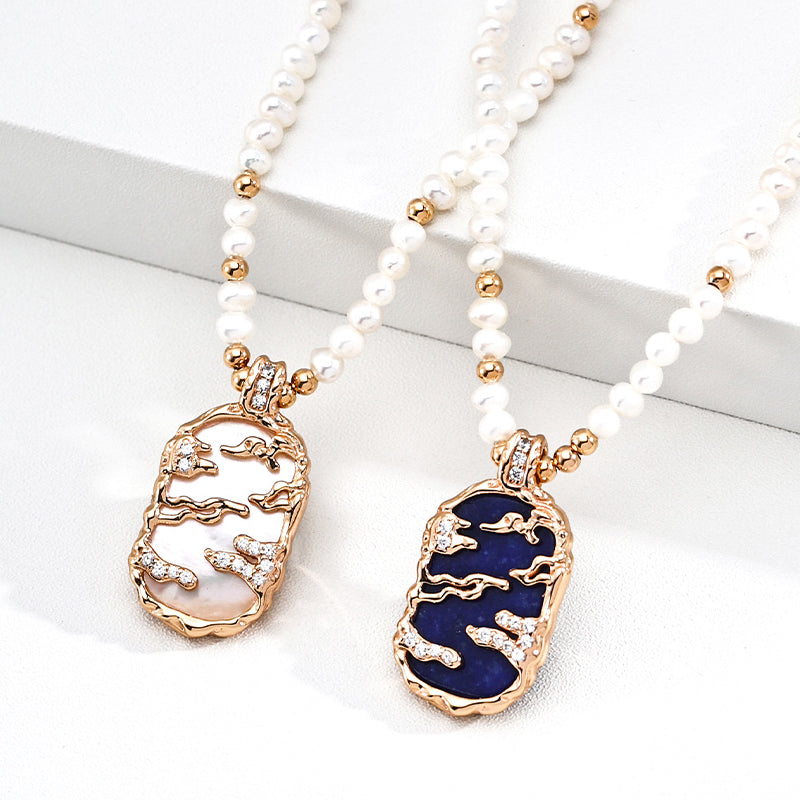 Cloudrise Freshwater Pearl Pendant Necklace – Mother of Pearl / Lapis Lazuli