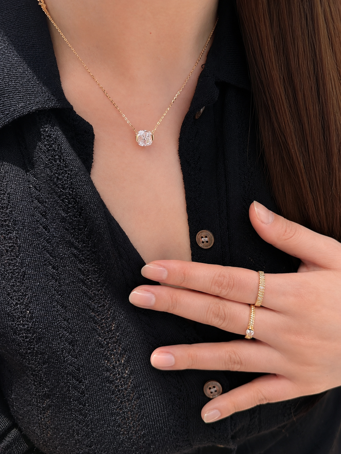 Crushed ice cushion cut necklace by Lunelle Atelier featuring a sparkling, elegant jewelry piece with a cushion-shaped pendant.
