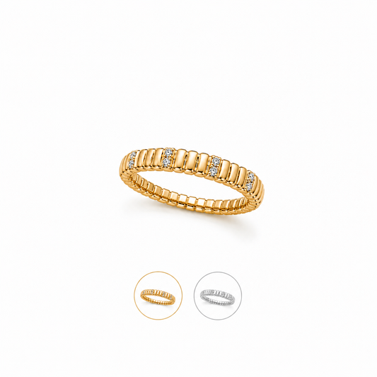 Lunelle Atelier satin ribbon moissanite band ring with sparkling gemstone and sleek silver finish, close-up view.