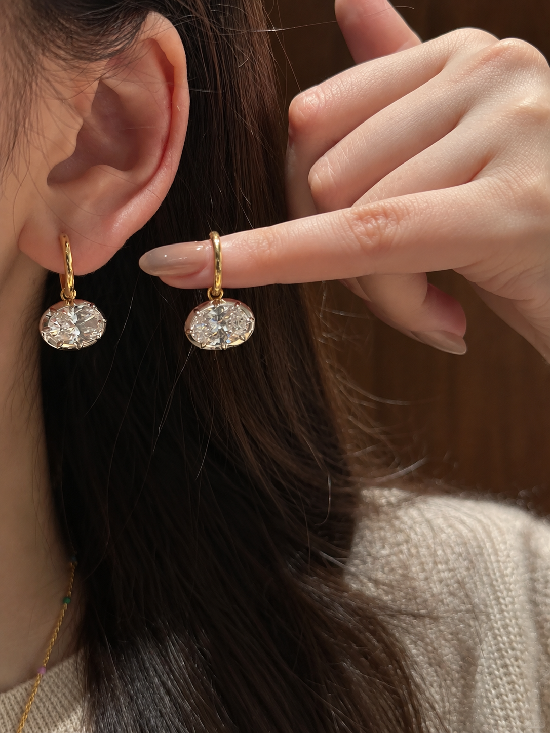 Lunelle Atelier Hailey Oval Solitaire Drop Earrings featuring elegant oval gemstone drops on delicate hooks.