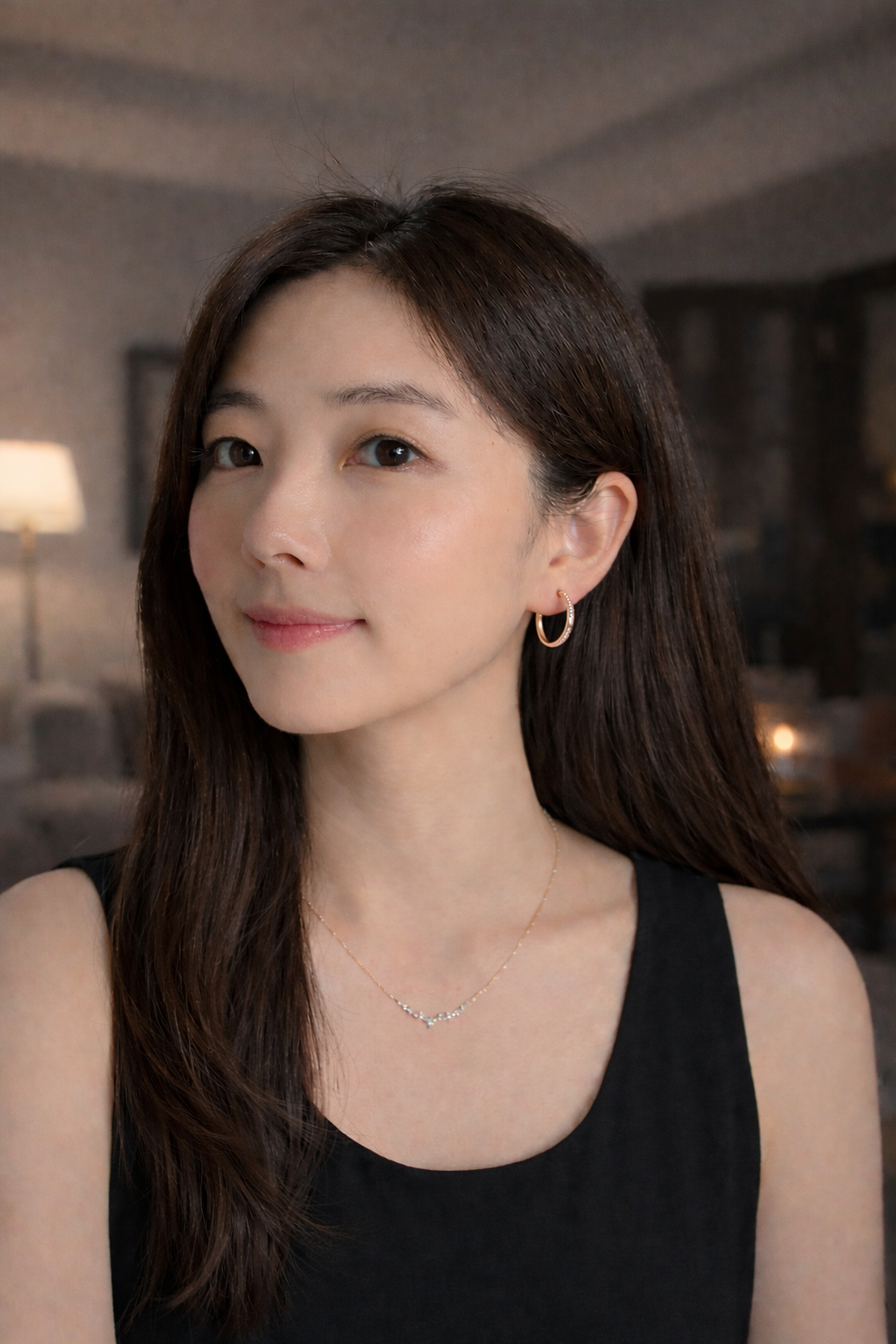 Woman wearing a black top with a blurred indoor background