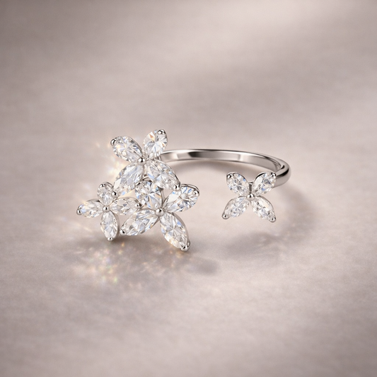 Flutter Bloom Moissanite Adjustable Ring | Rhodium Plated - Lunelle Atelier