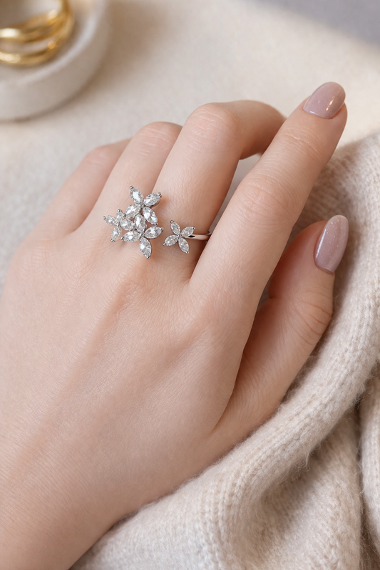 Flutter Bloom Moissanite Adjustable Ring | Rhodium Plated - Lunelle Atelier