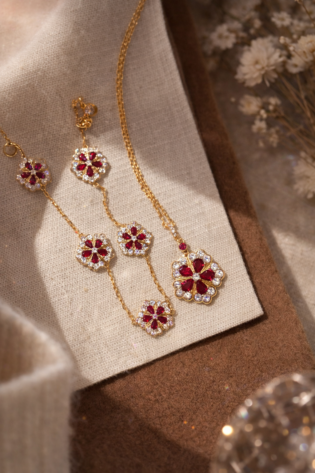 Gold necklace with floral pendants on a textured surface