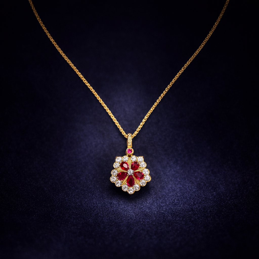 Gold necklace with a floral pendant featuring red gemstones on a dark background