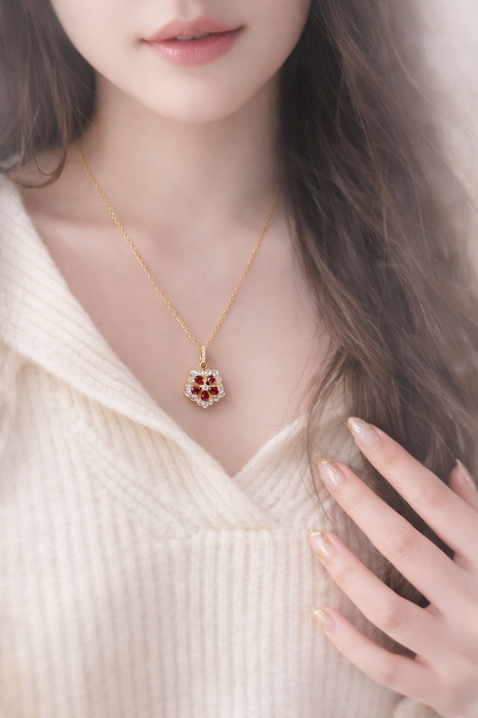 Close-up of a gold necklace with a red gemstone pendant worn by a person.