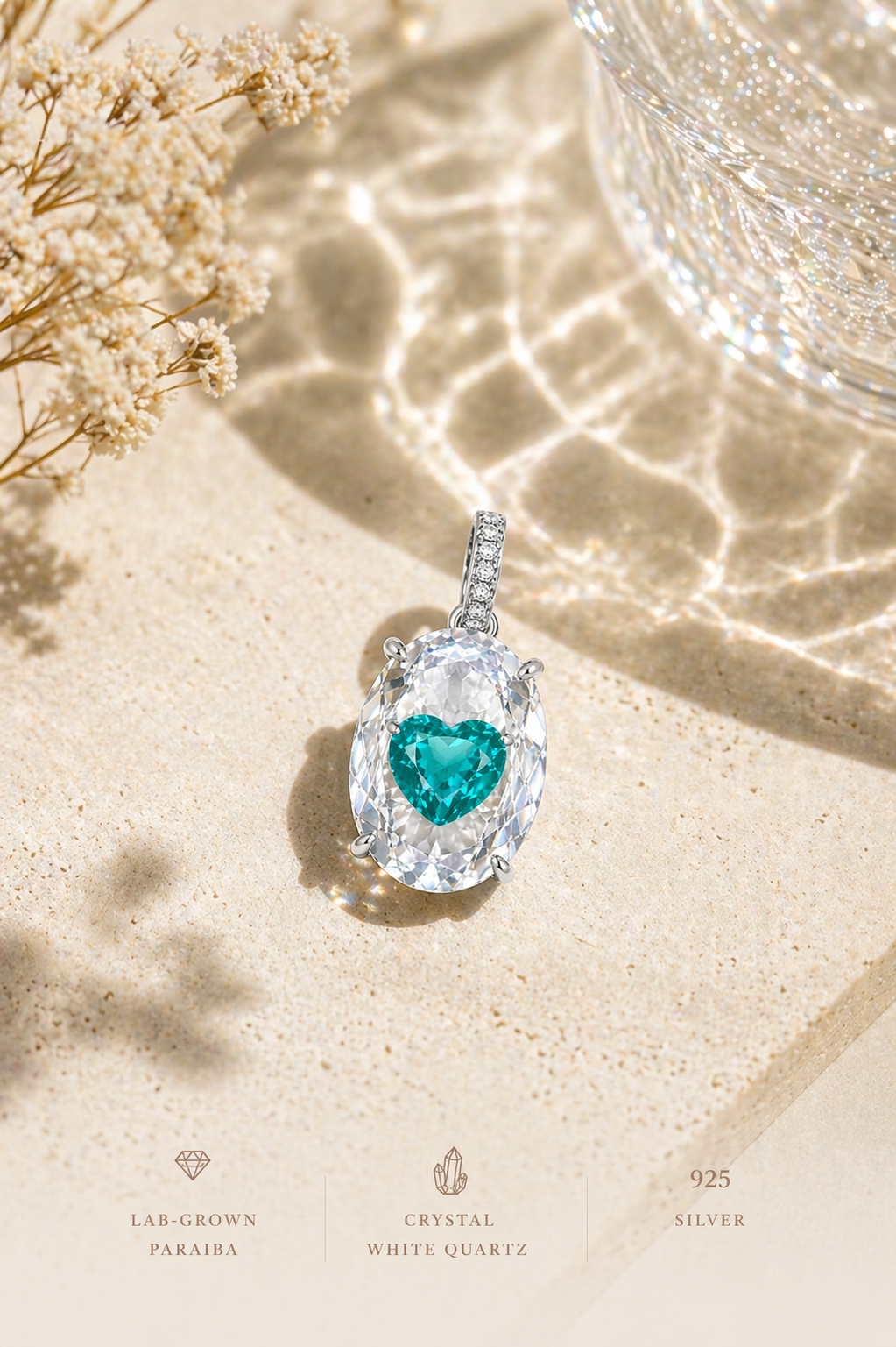 Diamond pendant with heart-shaped gemstone on a textured surface with flowers