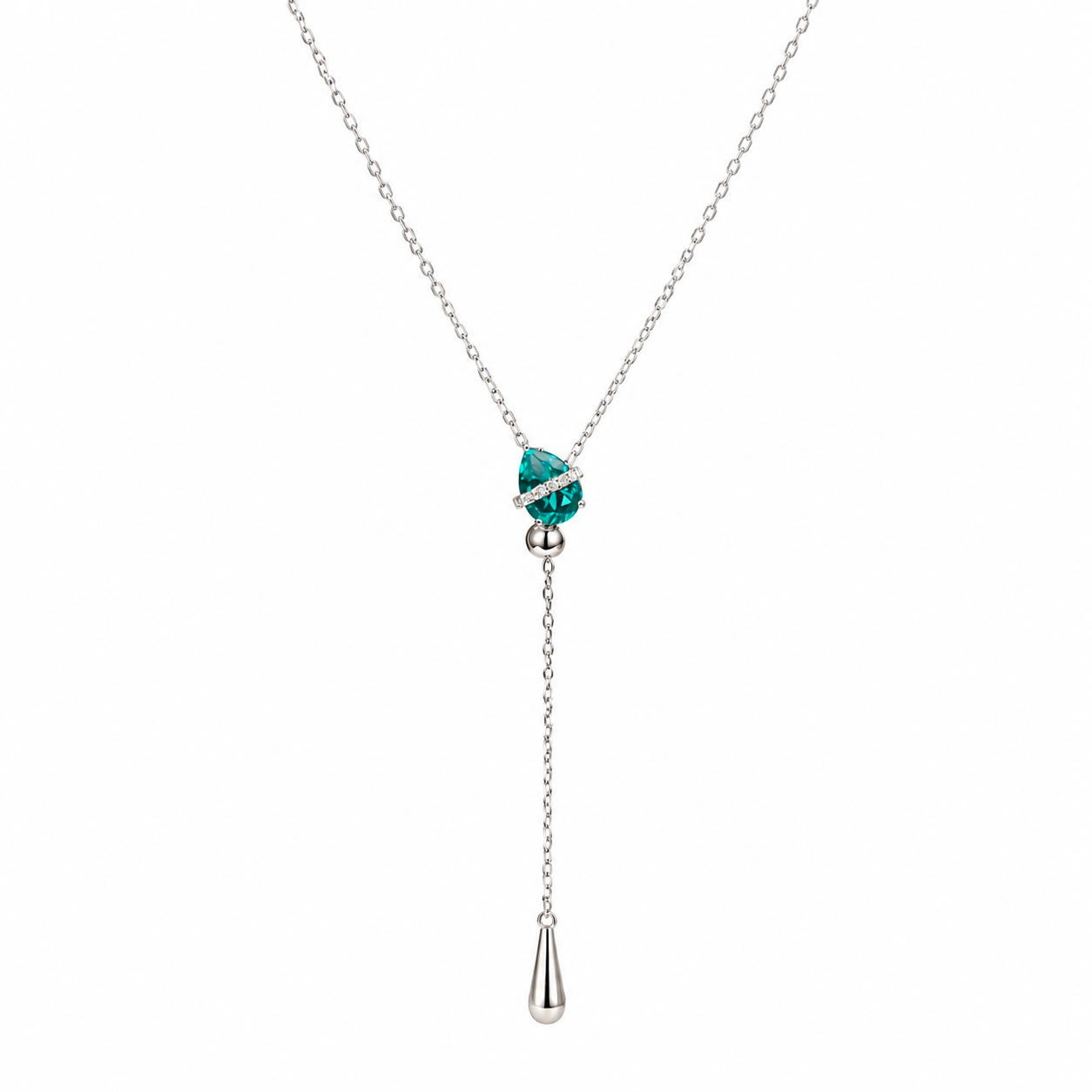 Dew Drop Lariat Necklace by Lunelle Atelier featuring delicate chain and teardrop-shaped pendant on a white background