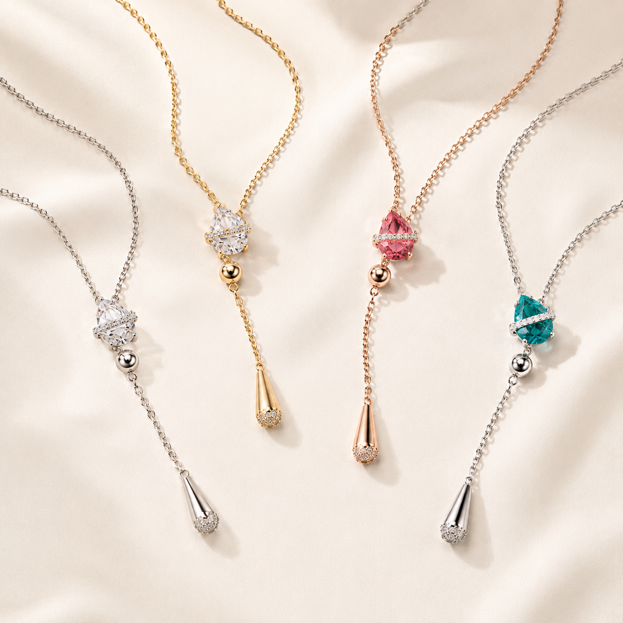 Lunelle Atelier Dew Drop Lariat Necklace featuring a delicate chain with teardrop-shaped pendant, stylish jewelry accessory
