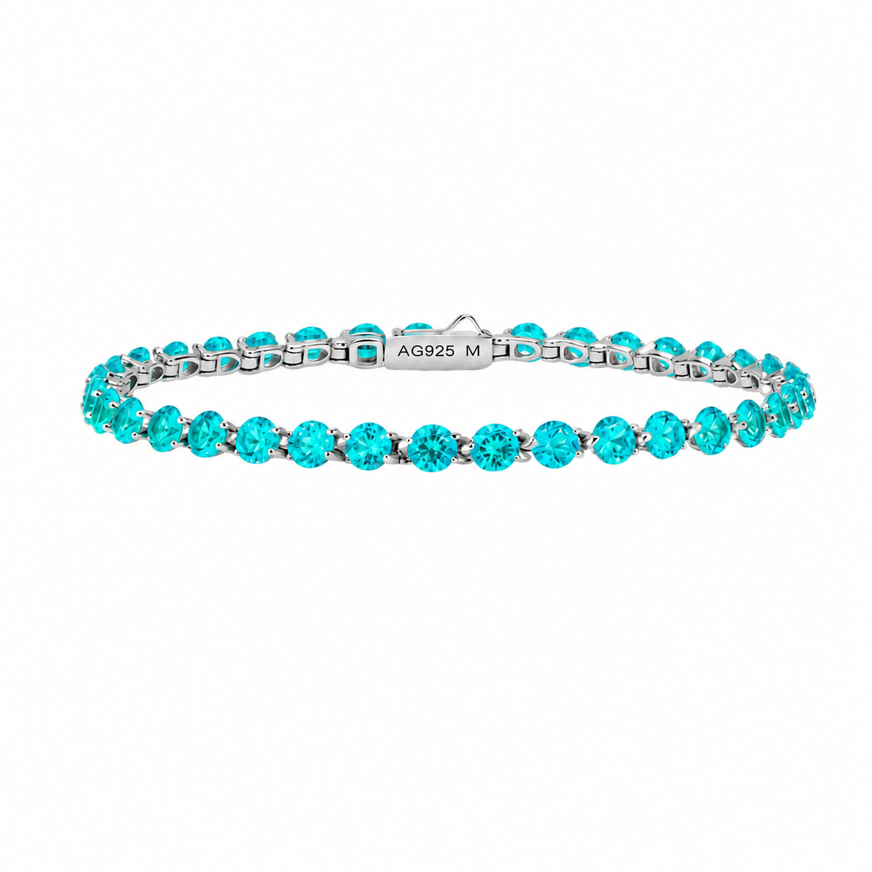Floating lab-grown Paraiba tennis bracelet by Lunelle Atelier featuring vibrant blue-green gemstones and elegant silver setting.