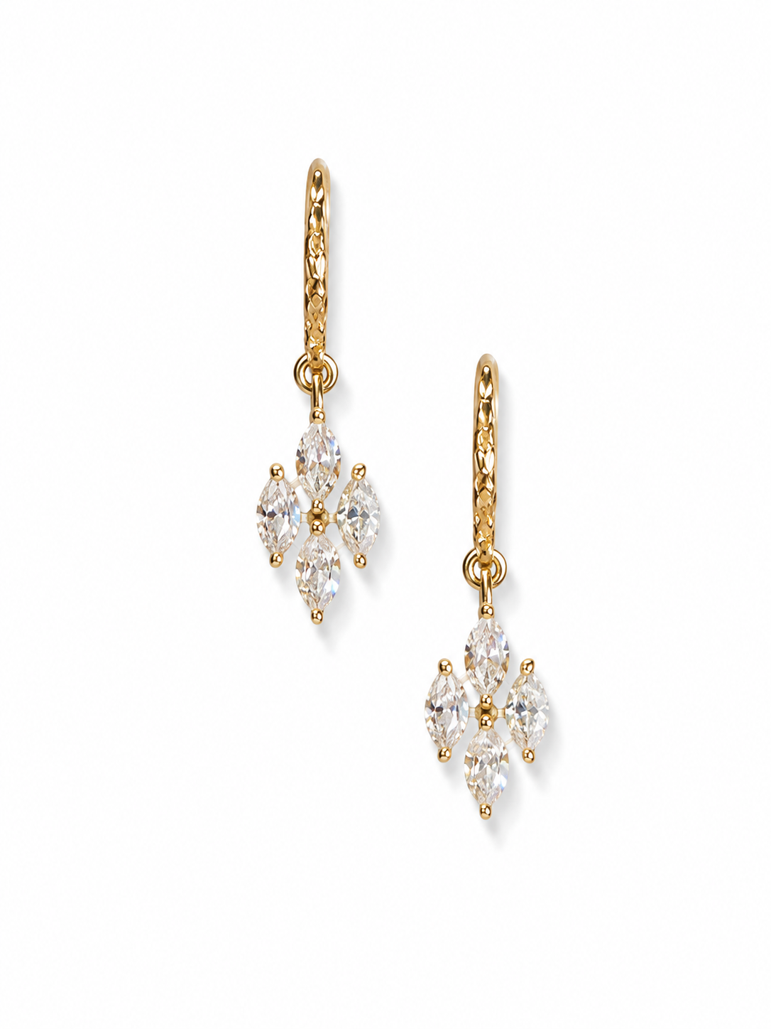 Dainty marquise cluster hook earrings by Lunelle Atelier featuring multiple sparkling marquise-shaped gemstones on silver hooks.