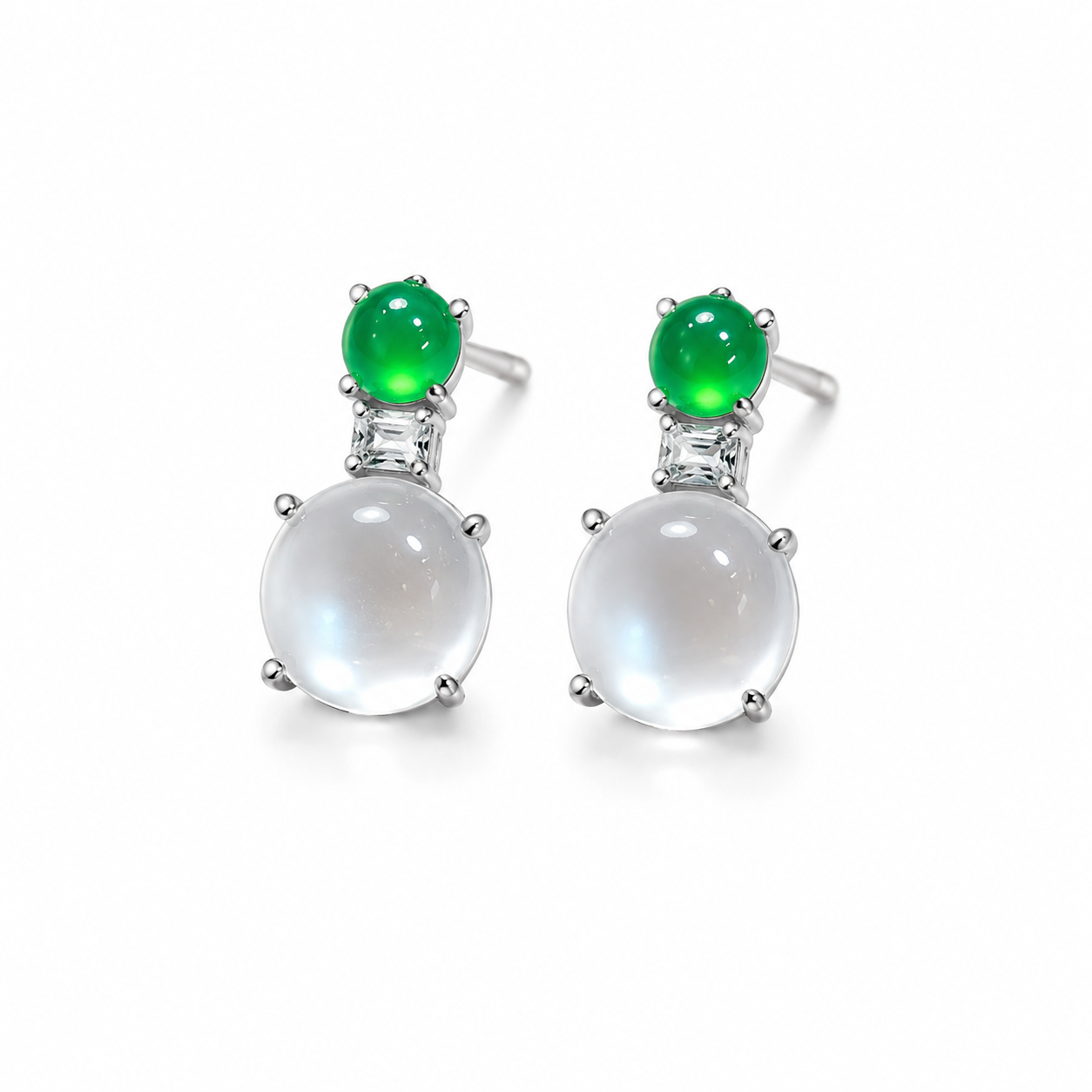 Emerald Dew Russian Ice and green chalcedony stud earrings by Lunelle Atelier featuring vibrant gemstone accents and silver settings.