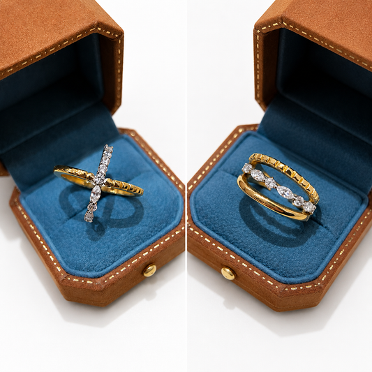 Lunelle Atelier Pivot Multi-Band Convertible Ring featuring stacked gold bands and adjustable design on a white background.