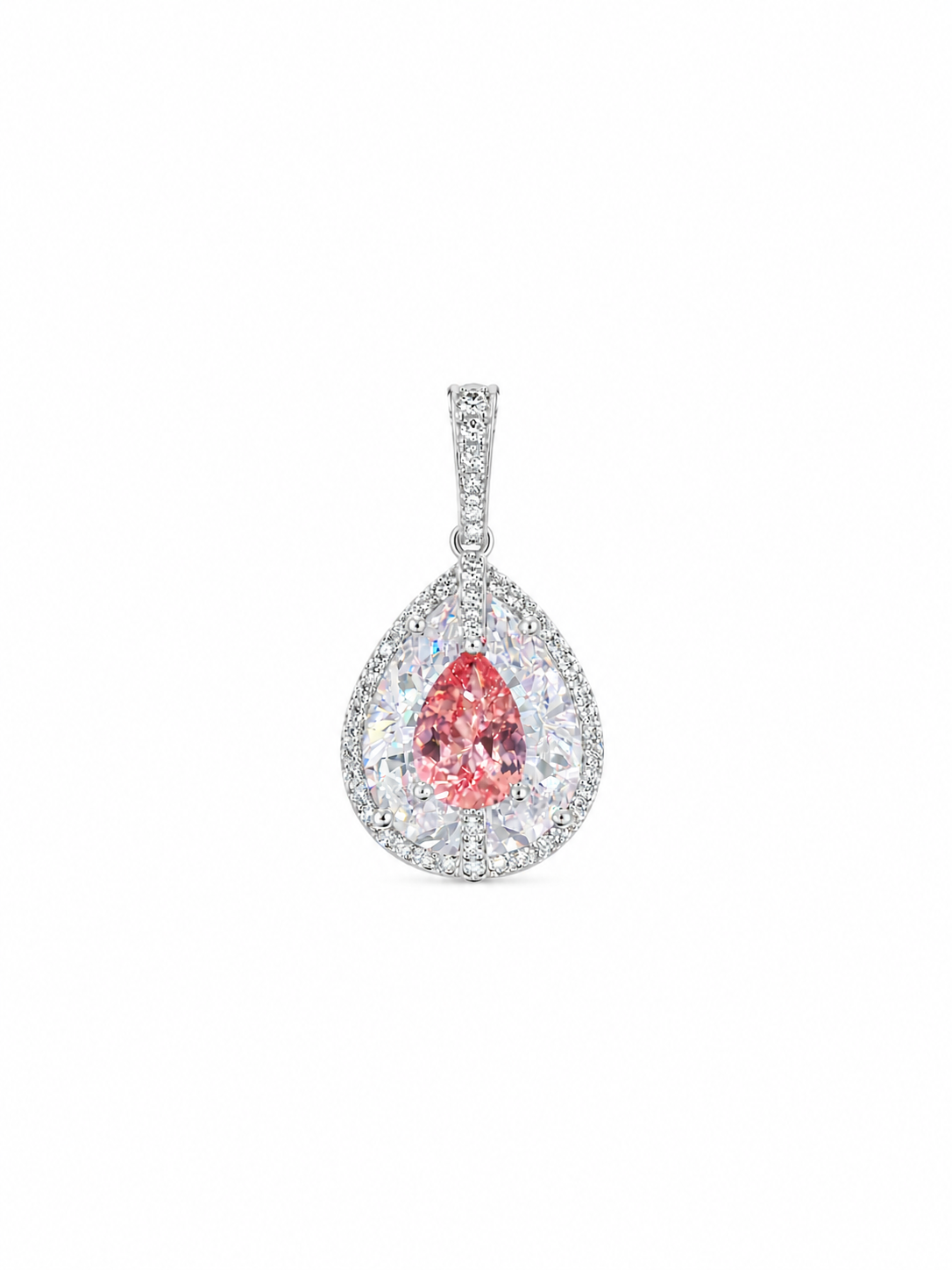 Lab-grown Padparadscha sapphire pear halo pendant necklace by Lunelle Atelier, featuring a vibrant orange-pink gemstone with diamond accents.