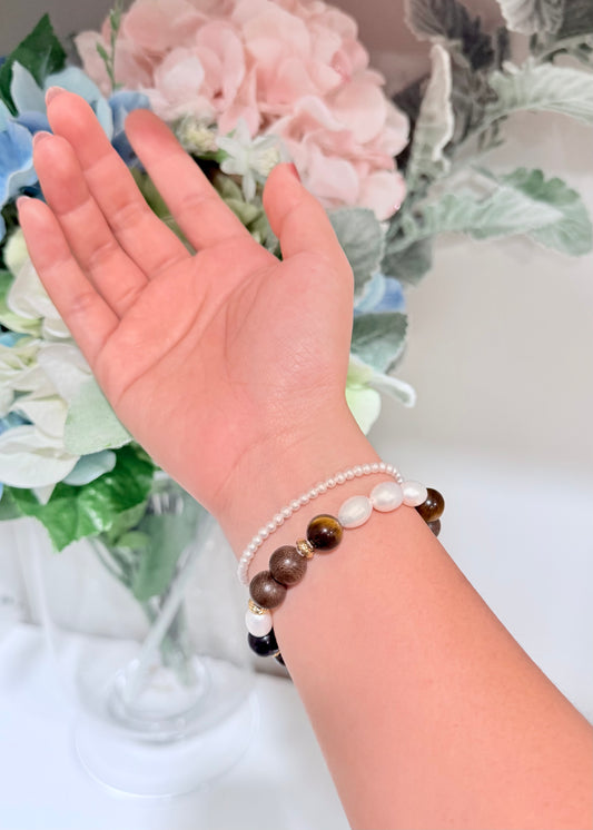 Trinity Bracelet | Agarwood Tiger’s Eye Freshwater Pearl - Lunelle Atelier