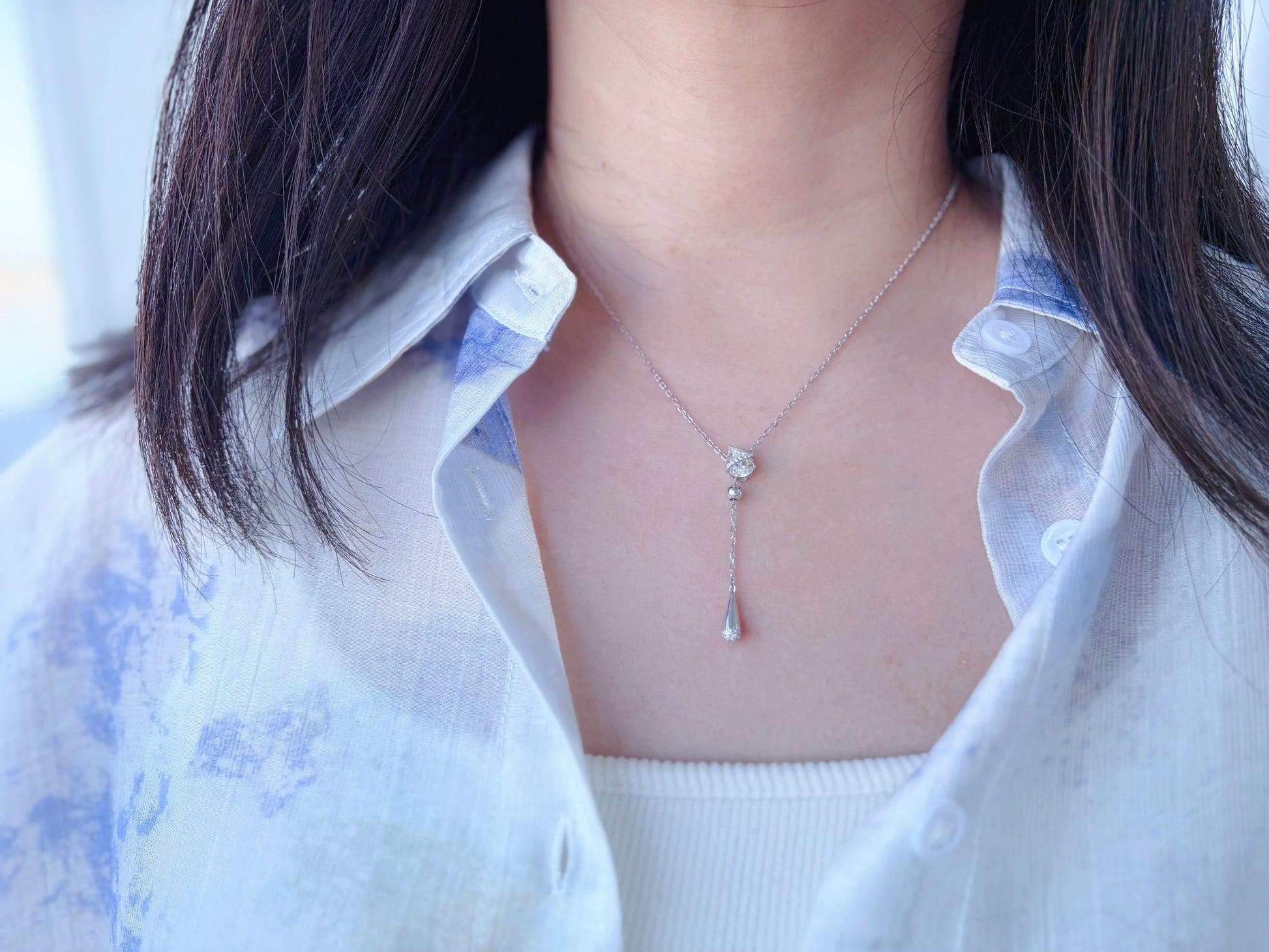Dew Drop Asteroid Y-Chain Necklace, White Gold - Lunelle Atelier