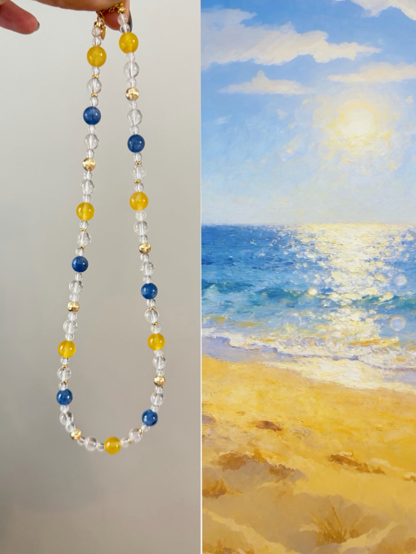 Colorful beaded necklace held by a hand next to a beach scene painting.