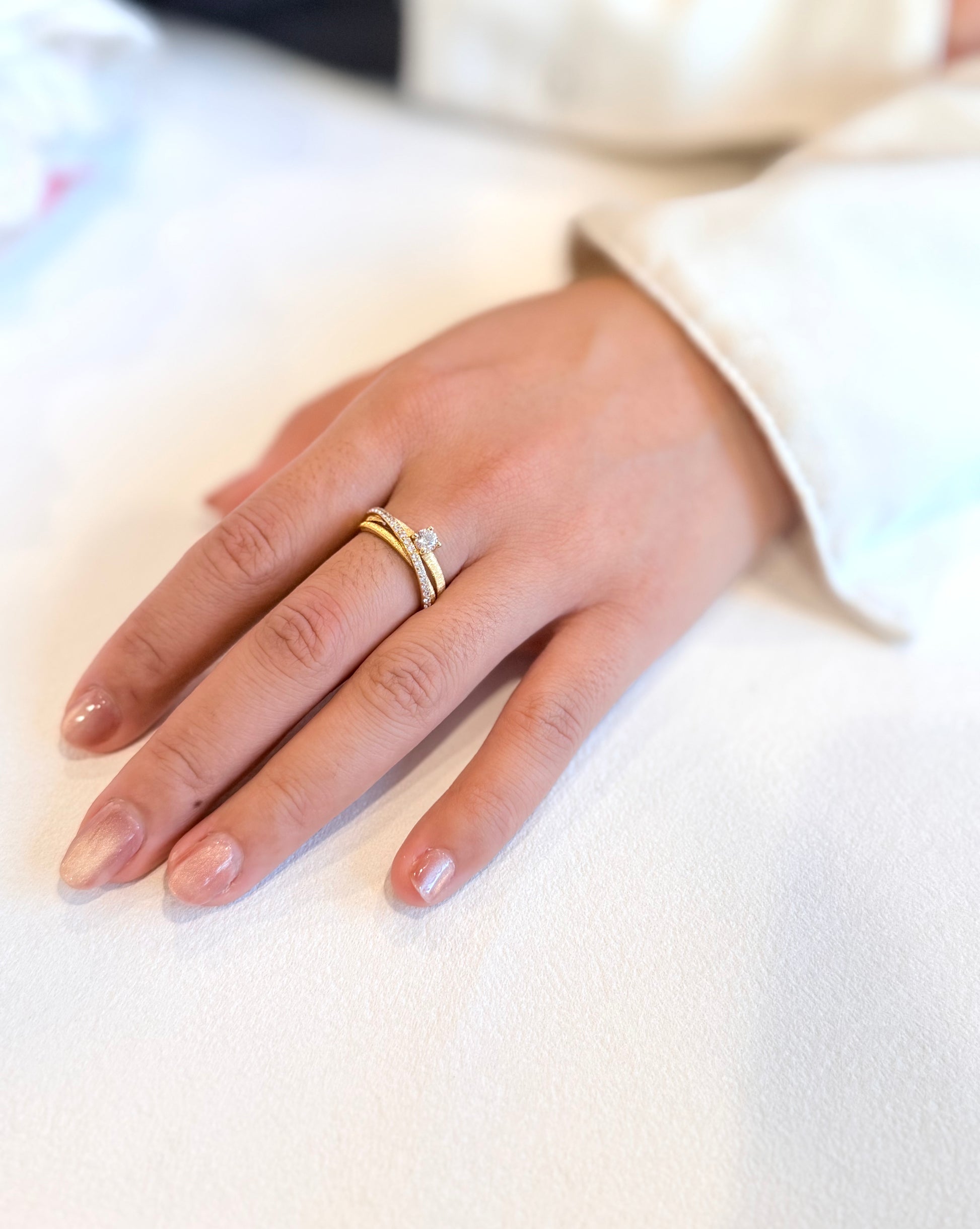 Hand wearing a gold color ring on a white surface