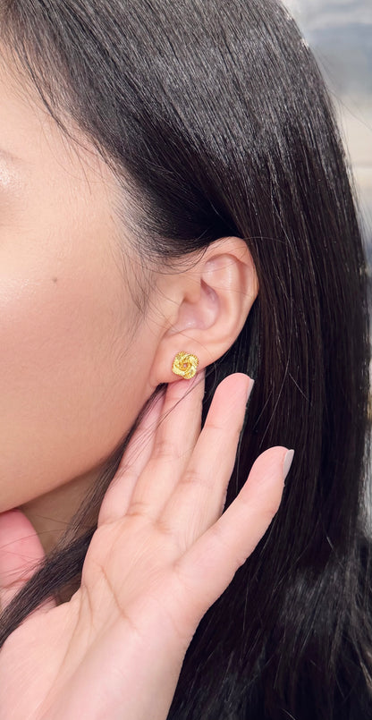 Close-up of a person wearing a gold color earring with a blurred background