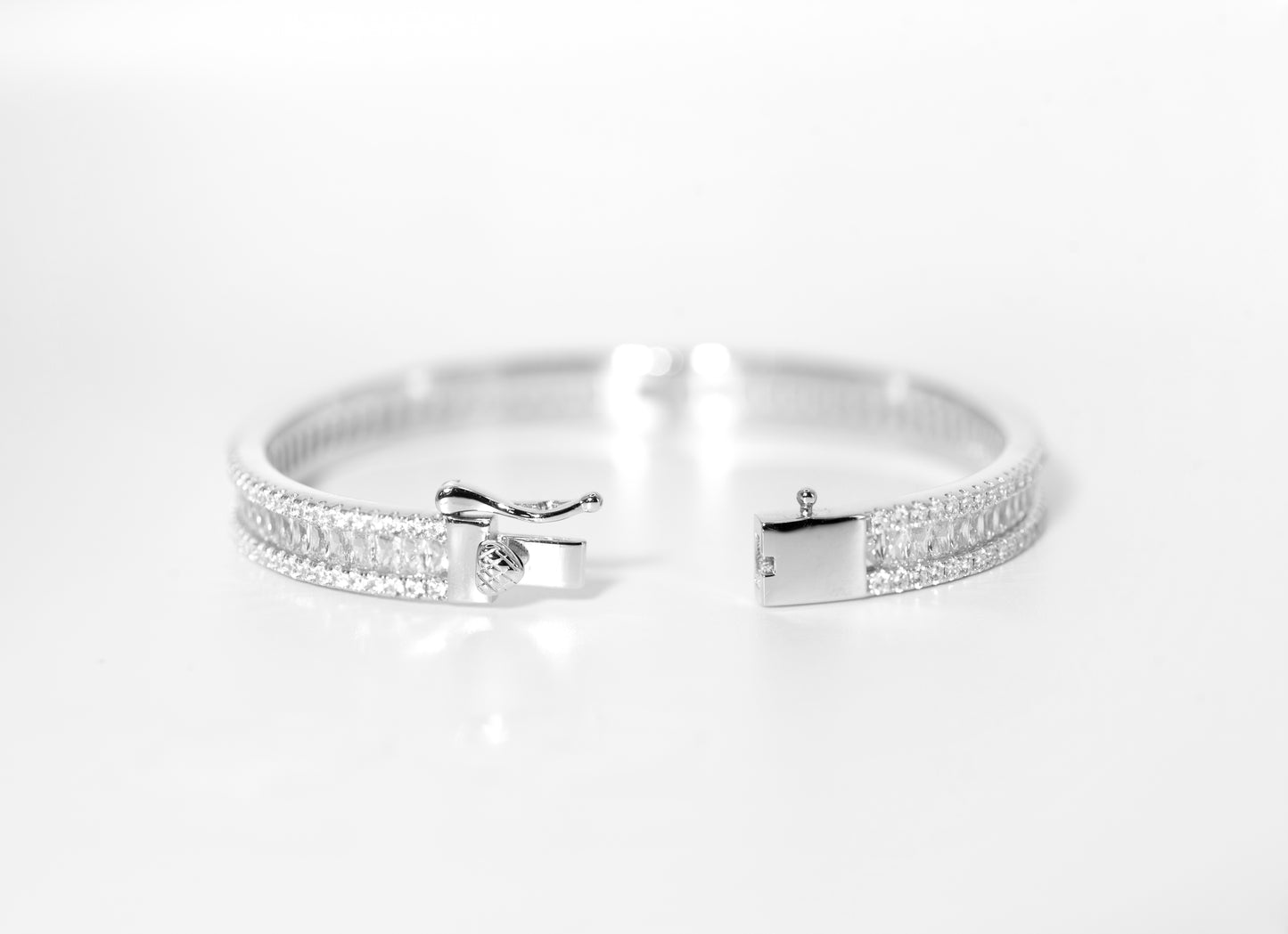 Silver ring with High-grade Baguette-cut Cubic Zirconia on a white background