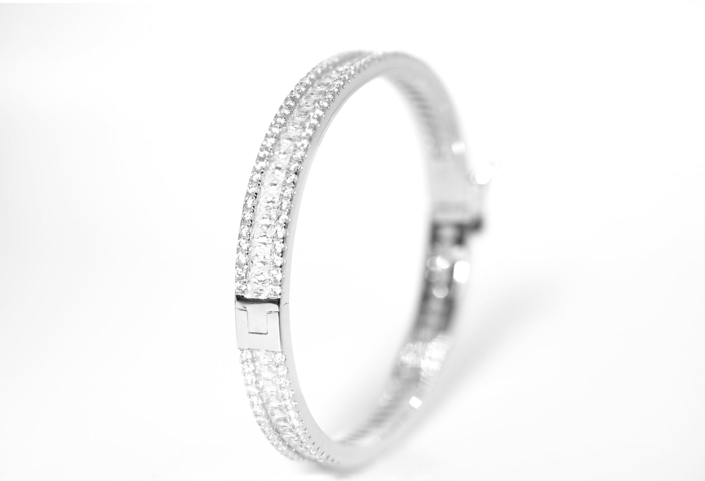 Silver ring with High-grade Baguette-cut Cubic Zirconia on a white background